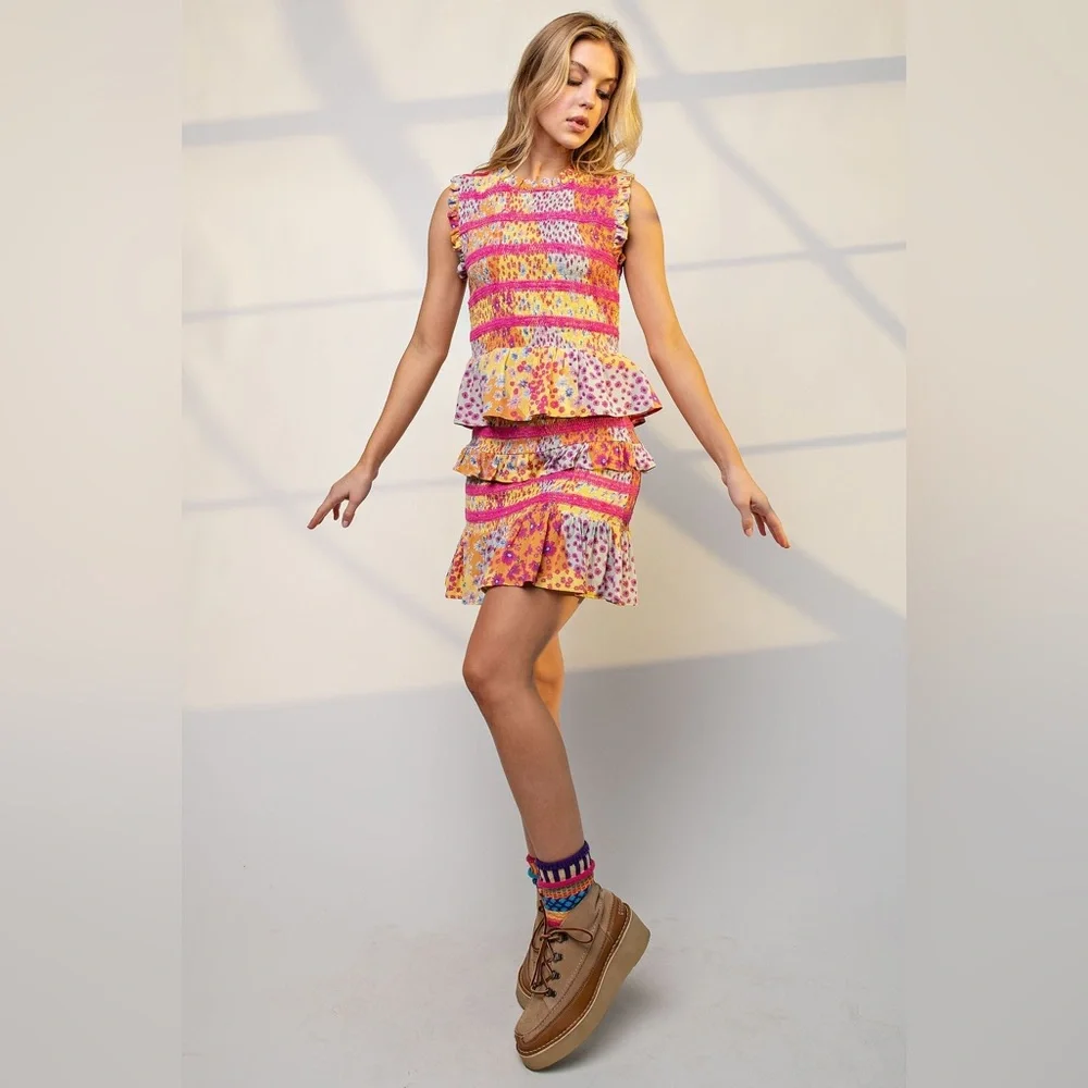 Easel | Zinnia Patchwork Tiered Mini Skirt Colorful Floral Whimsy Boho New Small